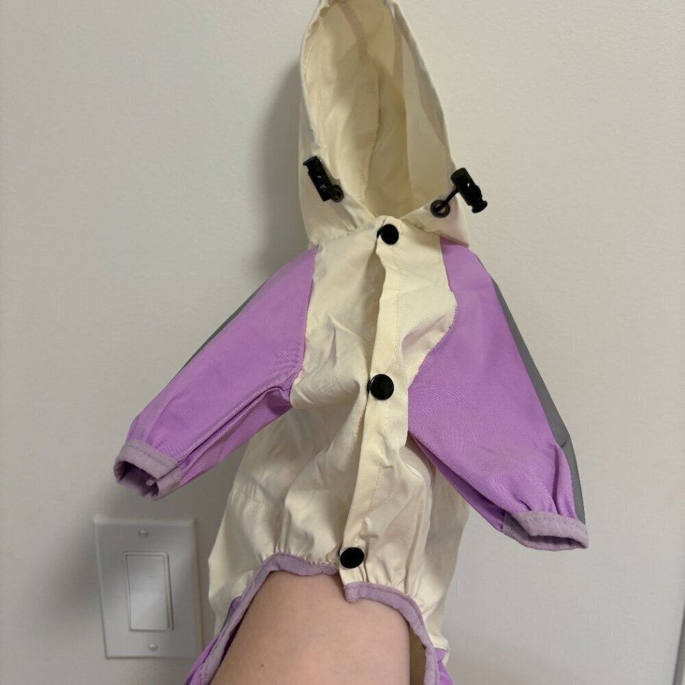 Dog Rain Jacket Cream Purple Covers Legs and Hood Size M